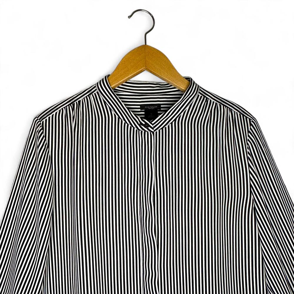 Ann Taylor Striped Button Down Collarless Shirt Size L Black White Stripes - Picture 2 of 9